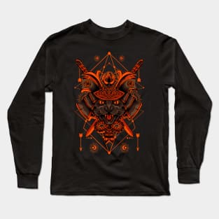 Orange and black illustration samurai cat Long Sleeve T-Shirt